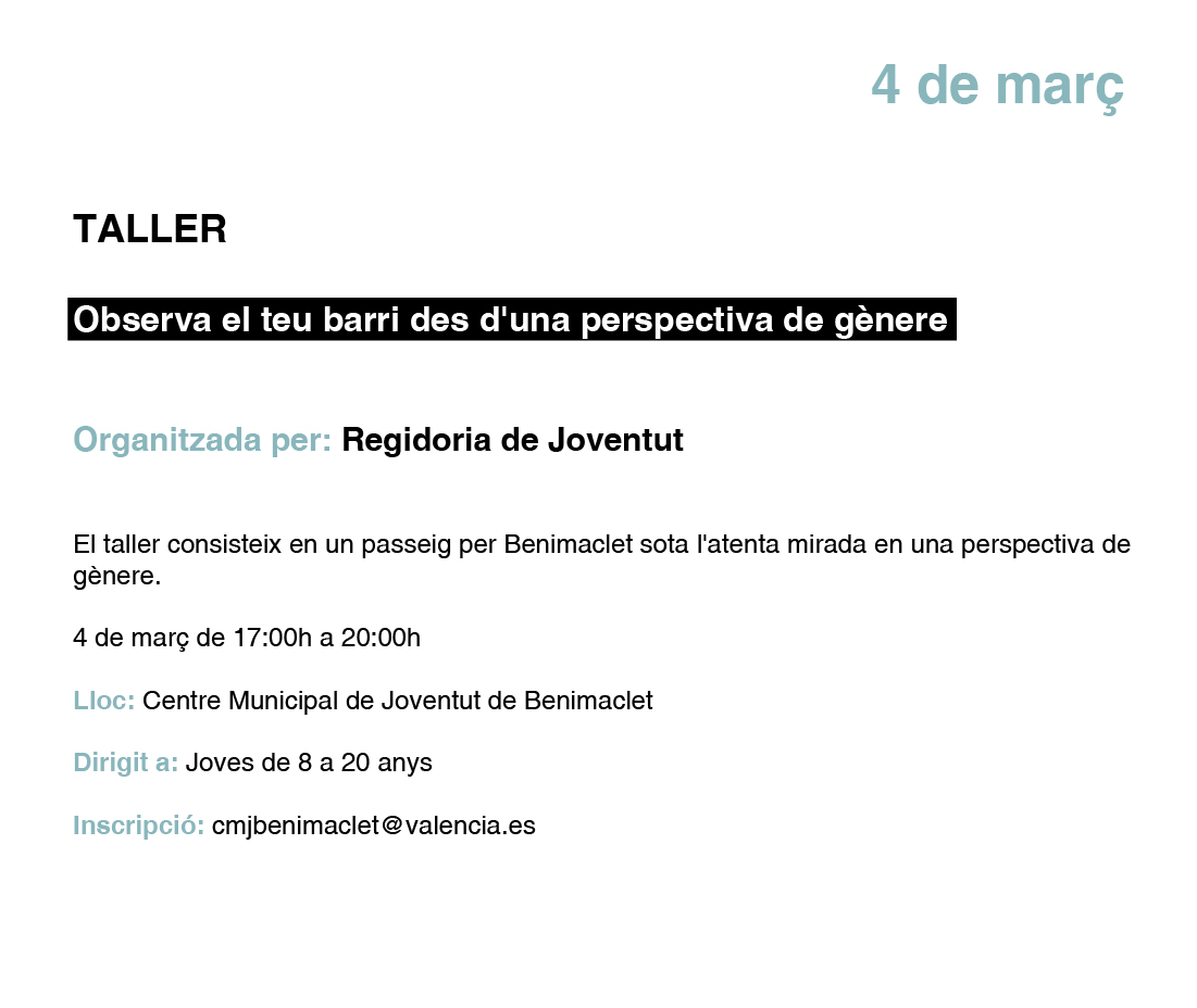 TALLER Observa el teu barri des d'una perspectiva de gènere